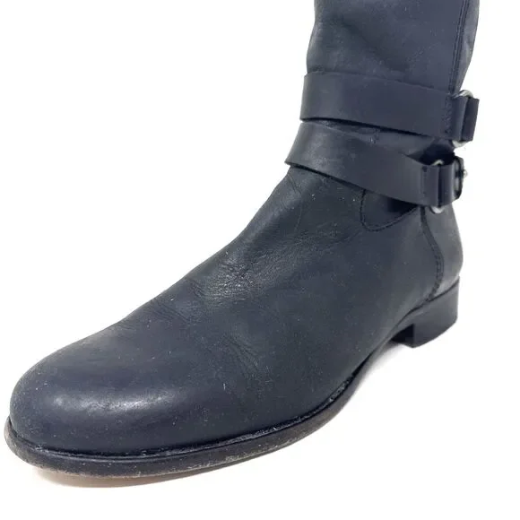 Frye Christie Tall Riding Boots Womens Sz 7.5 Black Leather 2 Buckles Equestrian - Picture 10 of 16